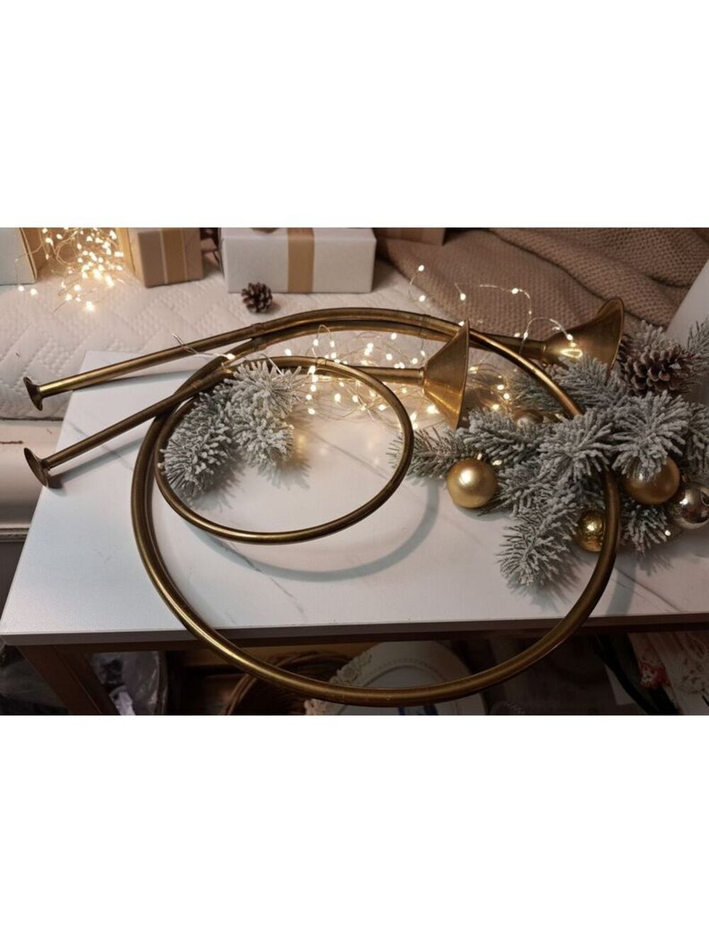 Vintage Pair Brass Horns/Instrument Wreath Decor Christmas Decoration 12.5" & 7"